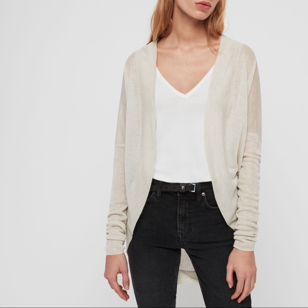 AllSaints Fran Beige Neutral Sheer Lightweight Draped Open Cardigan Sweater